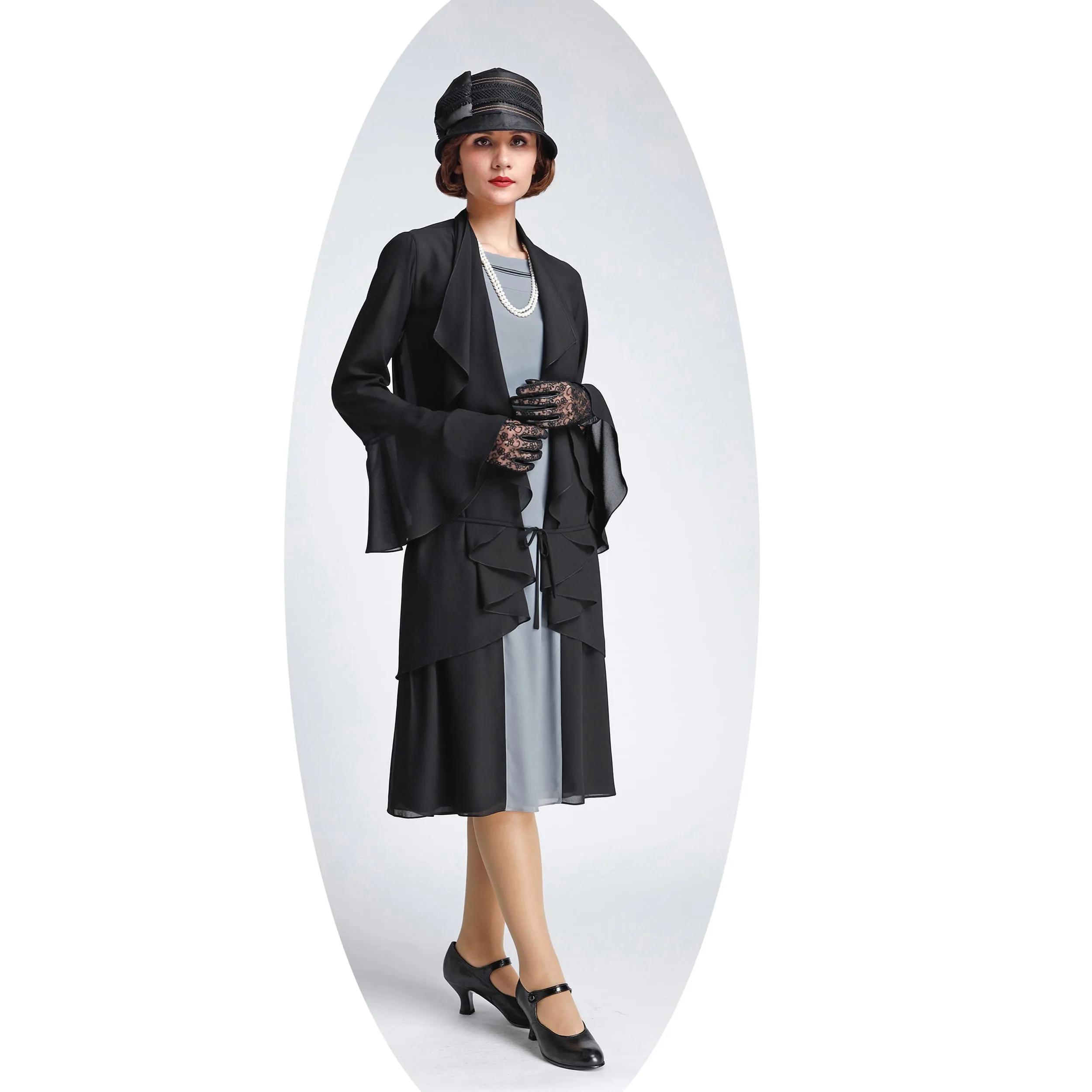 1920s jacket in black chiffon with cascade collar