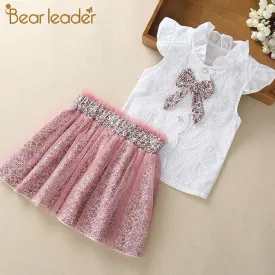 2 Piece Girls Clothing Sets New Summer Sleeveless T-shirt Print Bow Skirt Shorts for Kids Clothing Sets Outfit