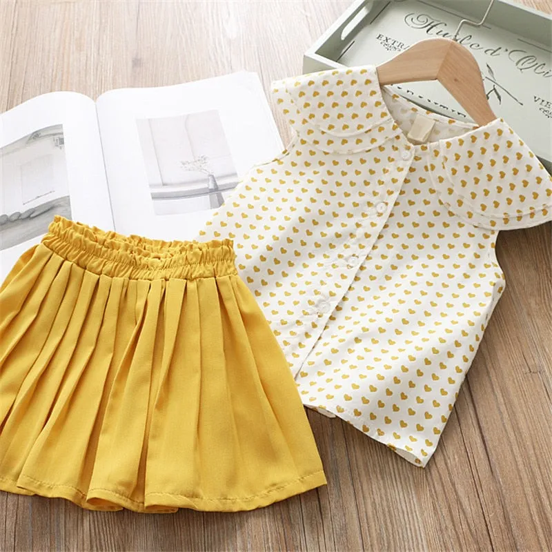 2 Piece Girls Clothing Sets New Summer Sleeveless T-shirt Print Bow Skirt Shorts for Kids Clothing Sets Outfit