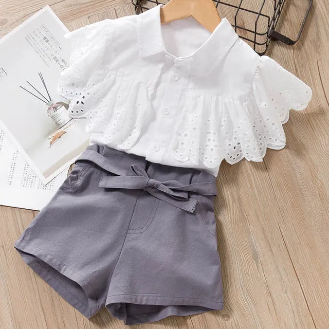 2 Piece Girls Clothing Sets New Summer Sleeveless T-shirt Print Bow Skirt Shorts for Kids Clothing Sets Outfit