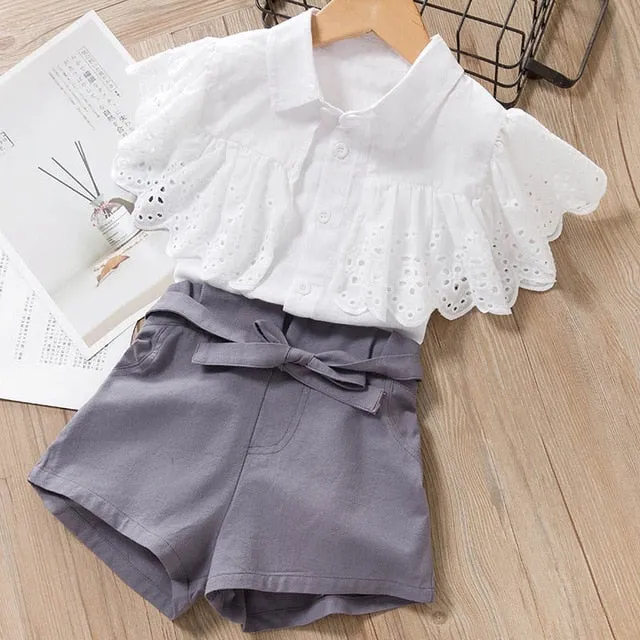 2 Piece Girls Clothing Sets New Summer Sleeveless T-shirt Print Bow Skirt Shorts for Kids Clothing Sets Outfit