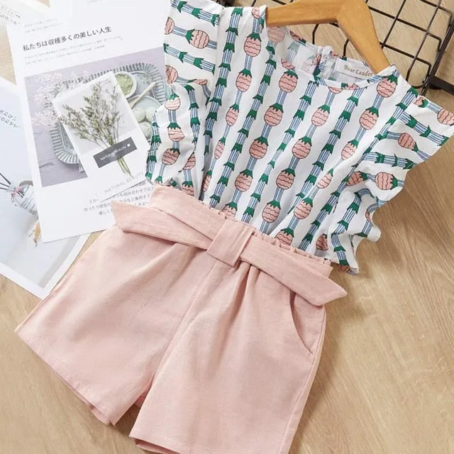 2 Piece Girls Clothing Sets New Summer Sleeveless T-shirt Print Bow Skirt Shorts for Kids Clothing Sets Outfit