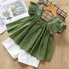 2 Piece Girls Clothing Sets New Summer Sleeveless T-shirt Print Bow Skirt Shorts for Kids Clothing Sets Outfit