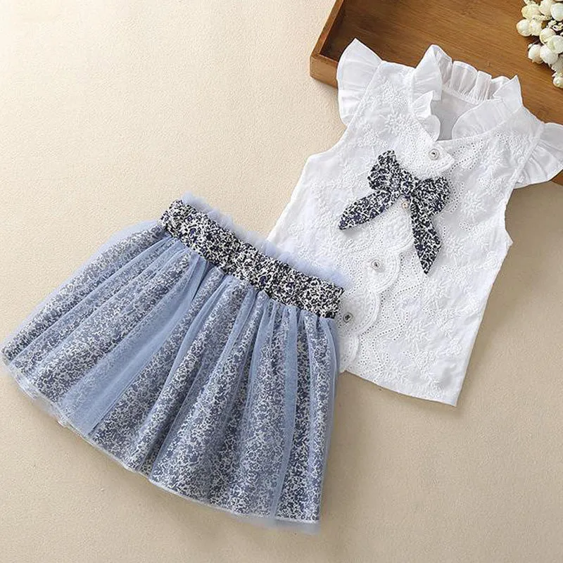 2 Piece Girls Clothing Sets New Summer Sleeveless T-shirt Print Bow Skirt Shorts for Kids Clothing Sets Outfit