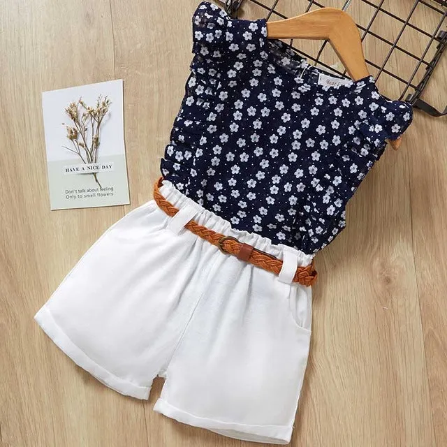 2 Piece Girls Clothing Sets New Summer Sleeveless T-shirt Print Bow Skirt Shorts for Kids Clothing Sets Outfit