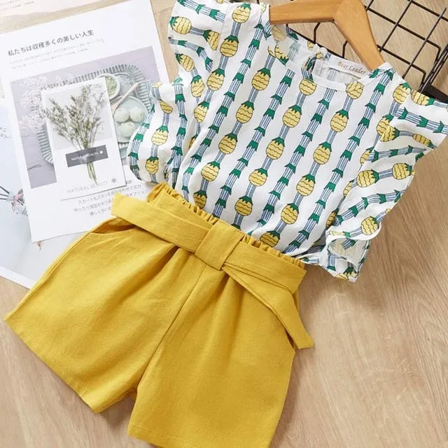 2 Piece Girls Clothing Sets New Summer Sleeveless T-shirt Print Bow Skirt Shorts for Kids Clothing Sets Outfit