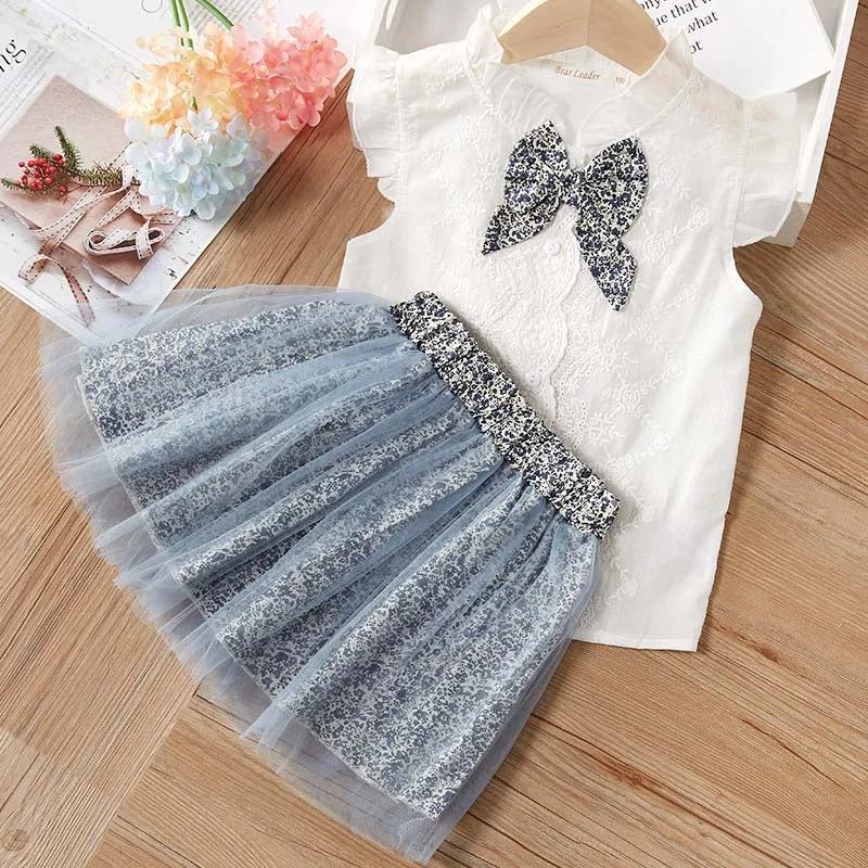 2 Piece Girls Clothing Sets New Summer Sleeveless T-shirt Print Bow Skirt Shorts for Kids Clothing Sets Outfit