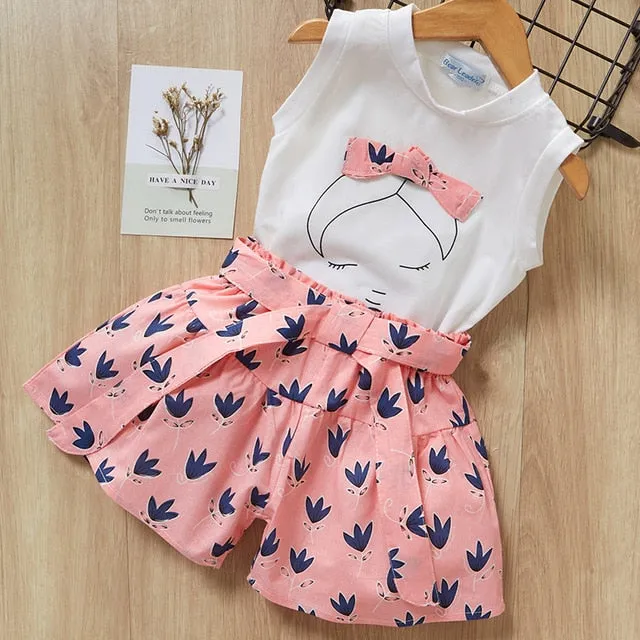 2 Piece Girls Clothing Sets New Summer Sleeveless T-shirt Print Bow Skirt Shorts for Kids Clothing Sets Outfit