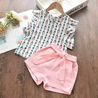 2 Piece Girls Clothing Sets New Summer Sleeveless T-shirt Print Bow Skirt Shorts for Kids Clothing Sets Outfit