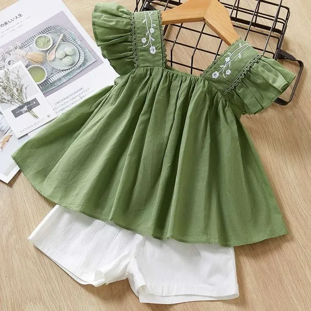 2 Piece Girls Clothing Sets New Summer Sleeveless T-shirt Print Bow Skirt Shorts for Kids Clothing Sets Outfit