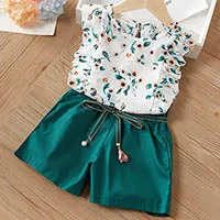 2 Piece Girls Clothing Sets New Summer Sleeveless T-shirt Print Bow Skirt Shorts for Kids Clothing Sets Outfit