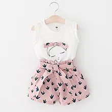 2 Piece Girls Clothing Sets New Summer Sleeveless T-shirt Print Bow Skirt Shorts for Kids Clothing Sets Outfit