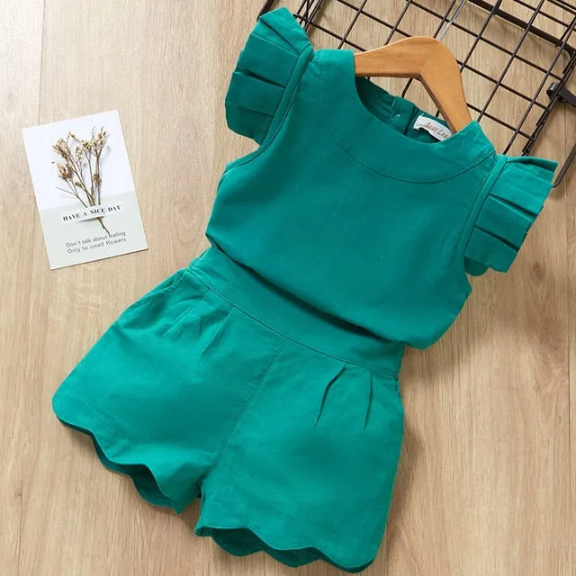 2 Piece Girls Clothing Sets New Summer Sleeveless T-shirt Print Bow Skirt Shorts for Kids Clothing Sets Outfit