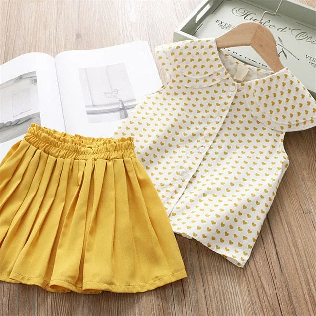 2 Piece Girls Clothing Sets New Summer Sleeveless T-shirt Print Bow Skirt Shorts for Kids Clothing Sets Outfit