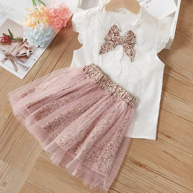 2 Piece Girls Clothing Sets New Summer Sleeveless T-shirt Print Bow Skirt Shorts for Kids Clothing Sets Outfit