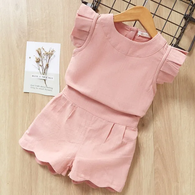 2 Piece Girls Clothing Sets New Summer Sleeveless T-shirt Print Bow Skirt Shorts for Kids Clothing Sets Outfit