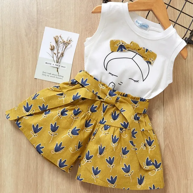 2 Piece Girls Clothing Sets New Summer Sleeveless T-shirt Print Bow Skirt Shorts for Kids Clothing Sets Outfit