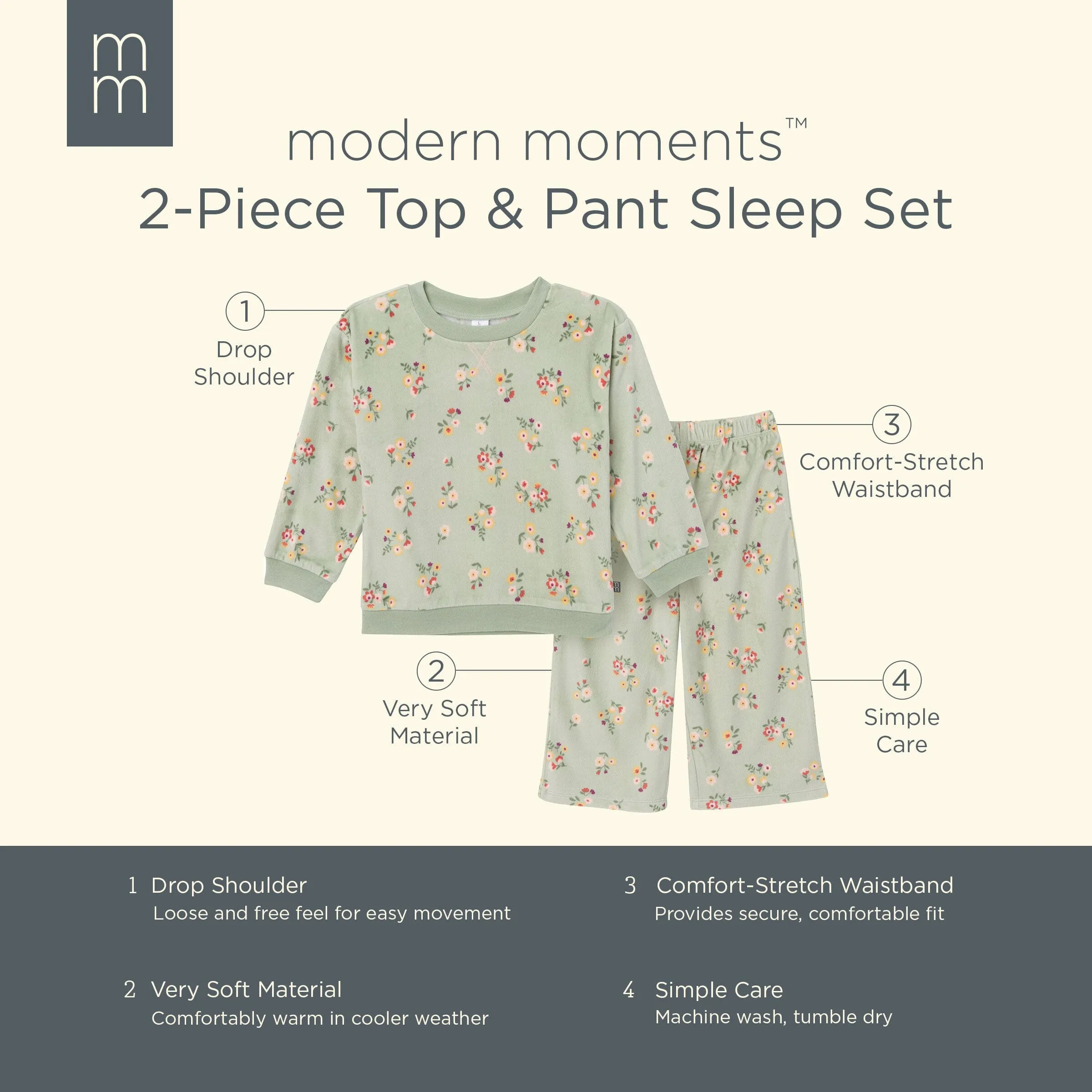 2-Piece Infant & Toddler Girls Green Flower Fleece Pajama Set