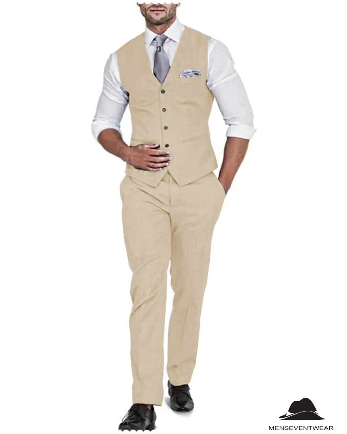 2 Pieces Mens Suit Flat Linen V Neck For Wedding (Vest   Pants)