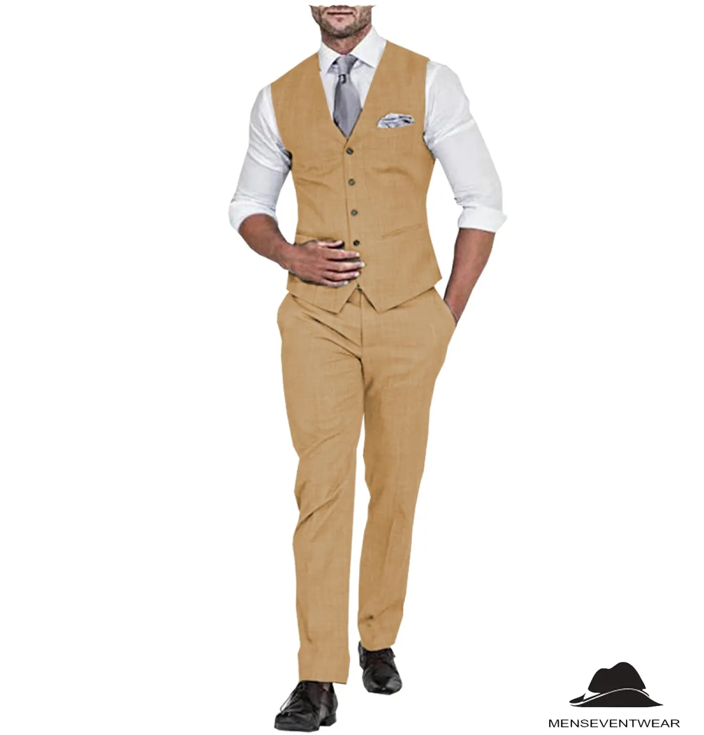 2 Pieces Mens Suit Flat Linen V Neck For Wedding (Vest   Pants)