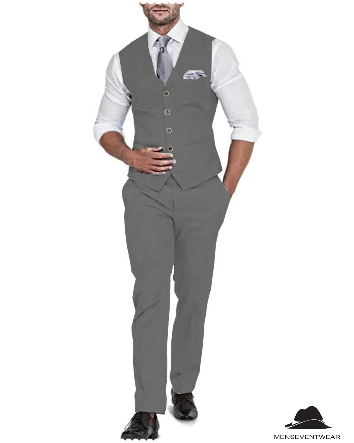 2 Pieces Mens Suit Flat Linen V Neck For Wedding (Vest   Pants)