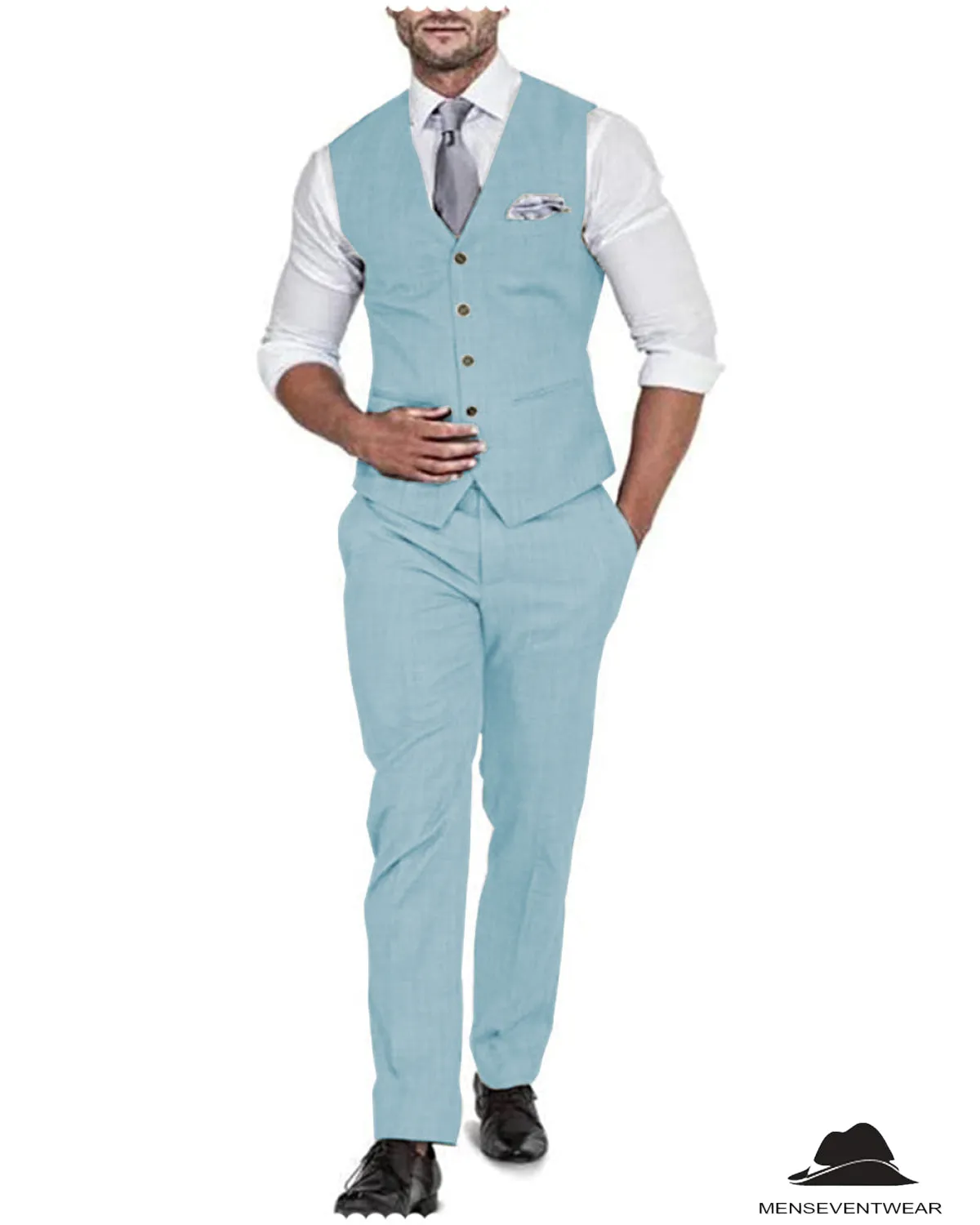 2 Pieces Mens Suit Flat Linen V Neck For Wedding (Vest   Pants)