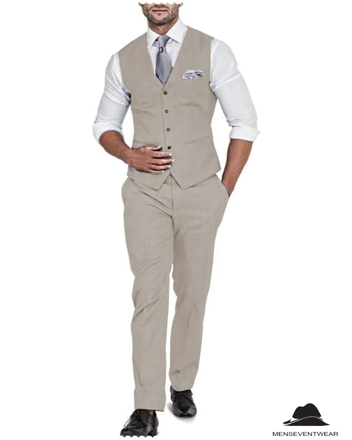 2 Pieces Mens Suit Flat Linen V Neck For Wedding (Vest   Pants)