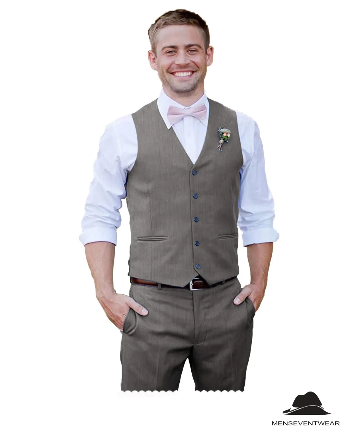 2 Pieces Mens Suit Flat V Neck Vest Suit For Wedding (Vest   Pants)