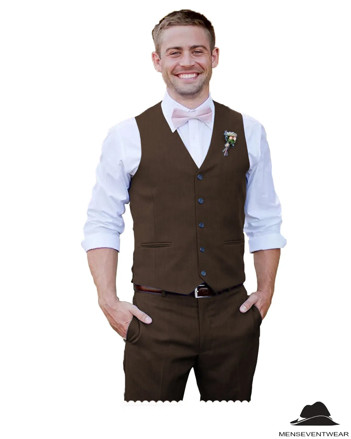 2 Pieces Mens Suit Flat V Neck Vest Suit For Wedding (Vest   Pants)