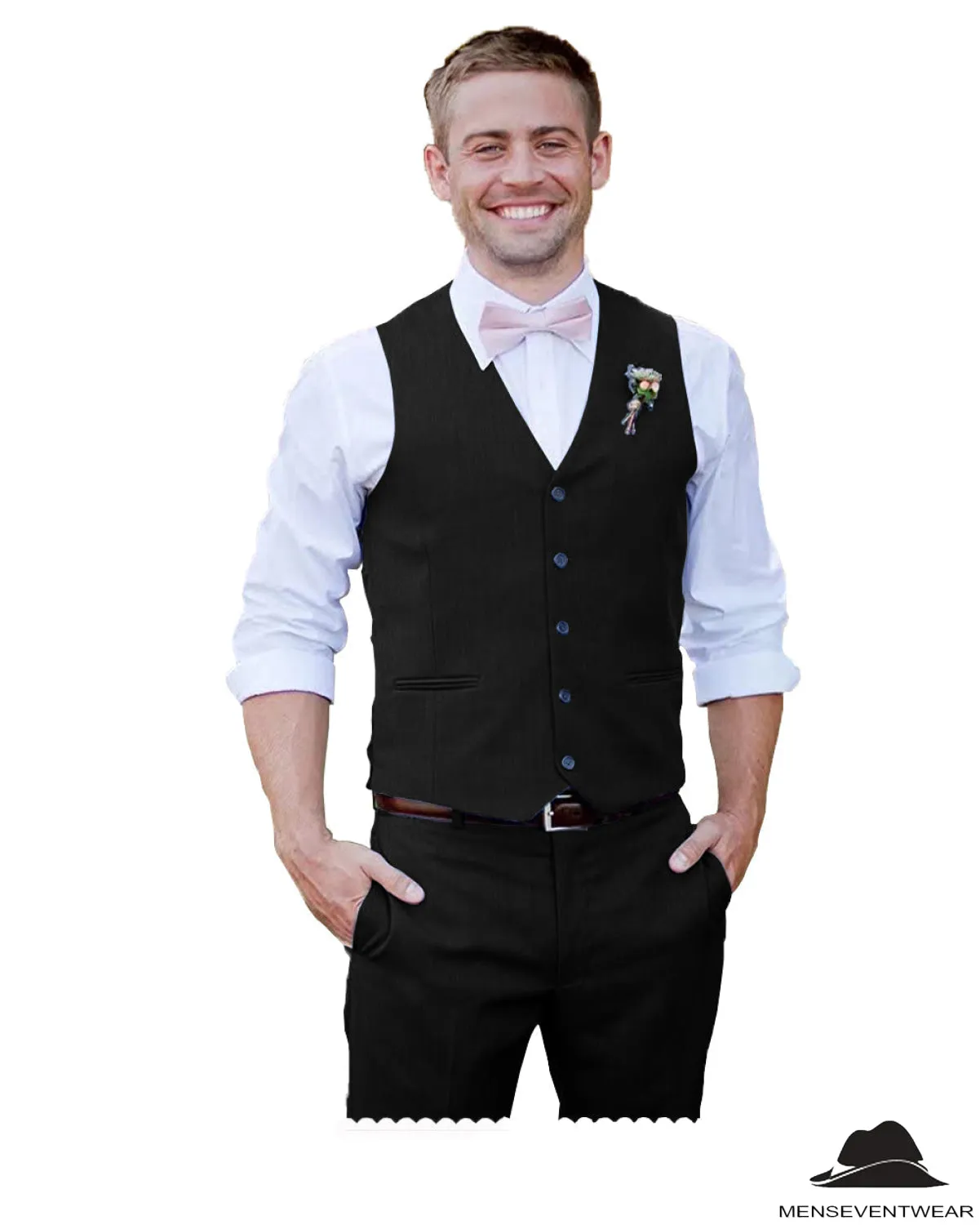 2 Pieces Mens Suit Flat V Neck Vest Suit For Wedding (Vest   Pants)