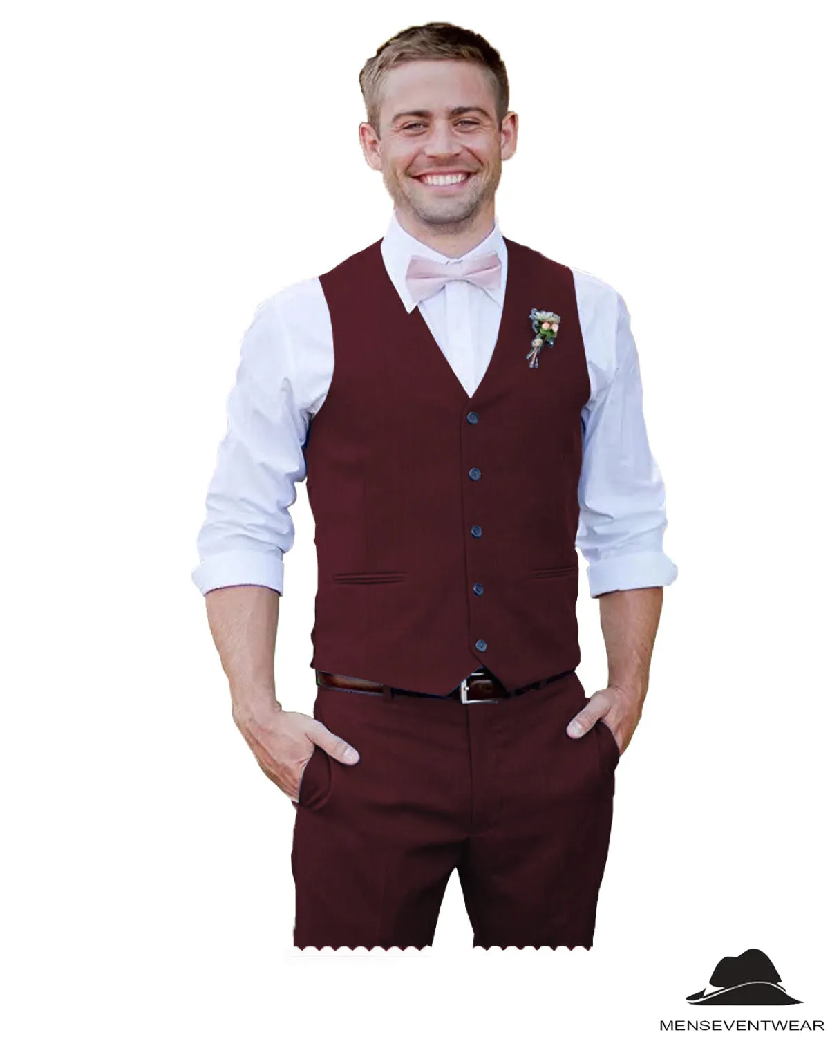 2 Pieces Mens Suit Flat V Neck Vest Suit For Wedding (Vest   Pants)