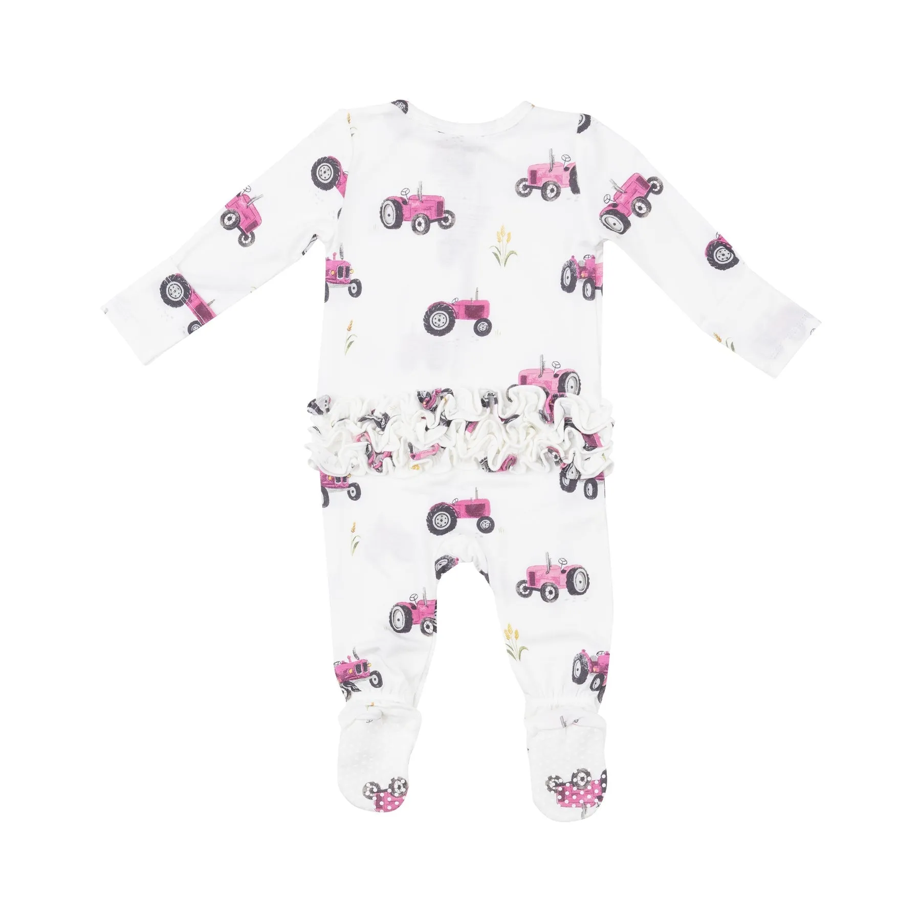 2-Way Zipper Ruffle Back Footie - Pink Tractors by Angel Dear