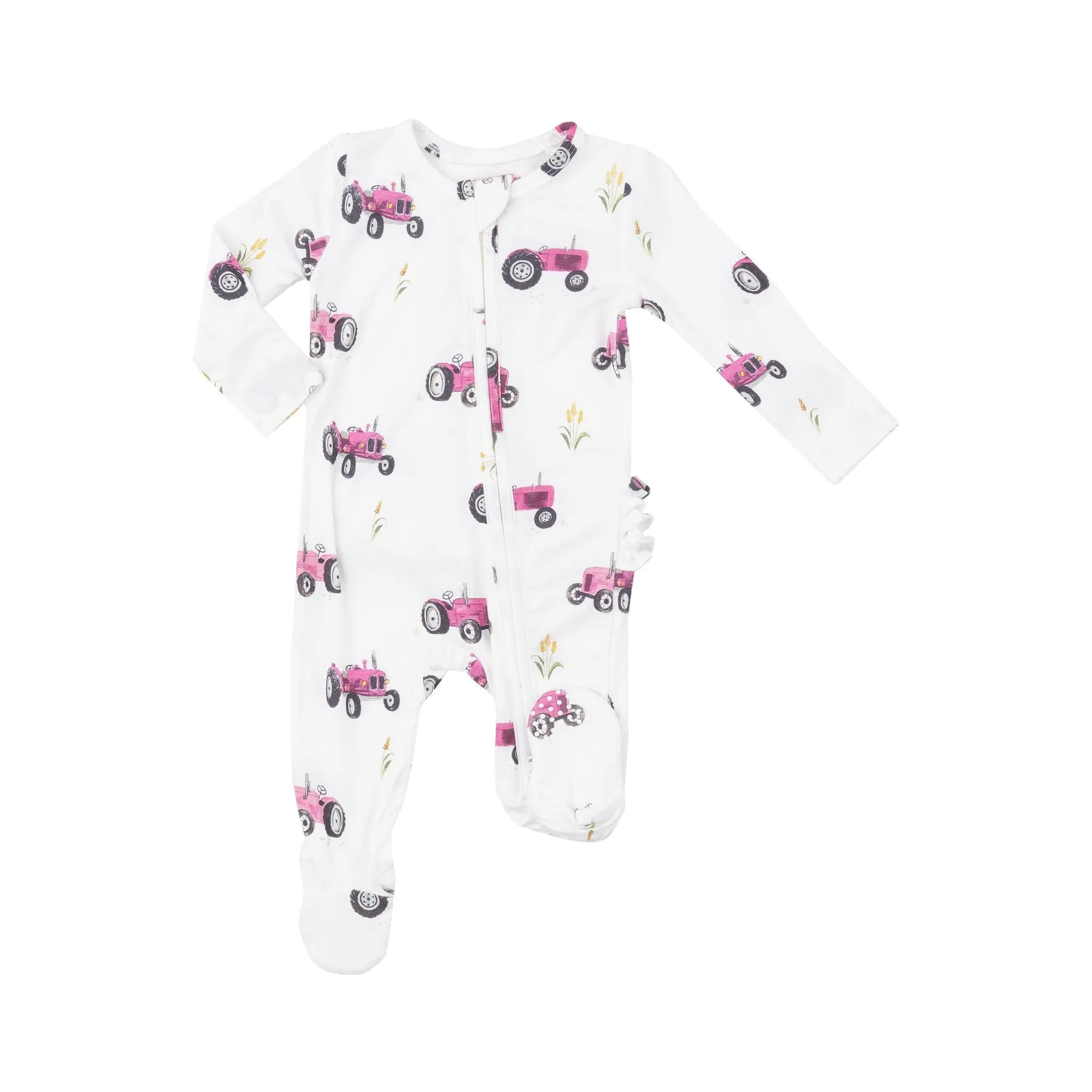 2-Way Zipper Ruffle Back Footie - Pink Tractors by Angel Dear