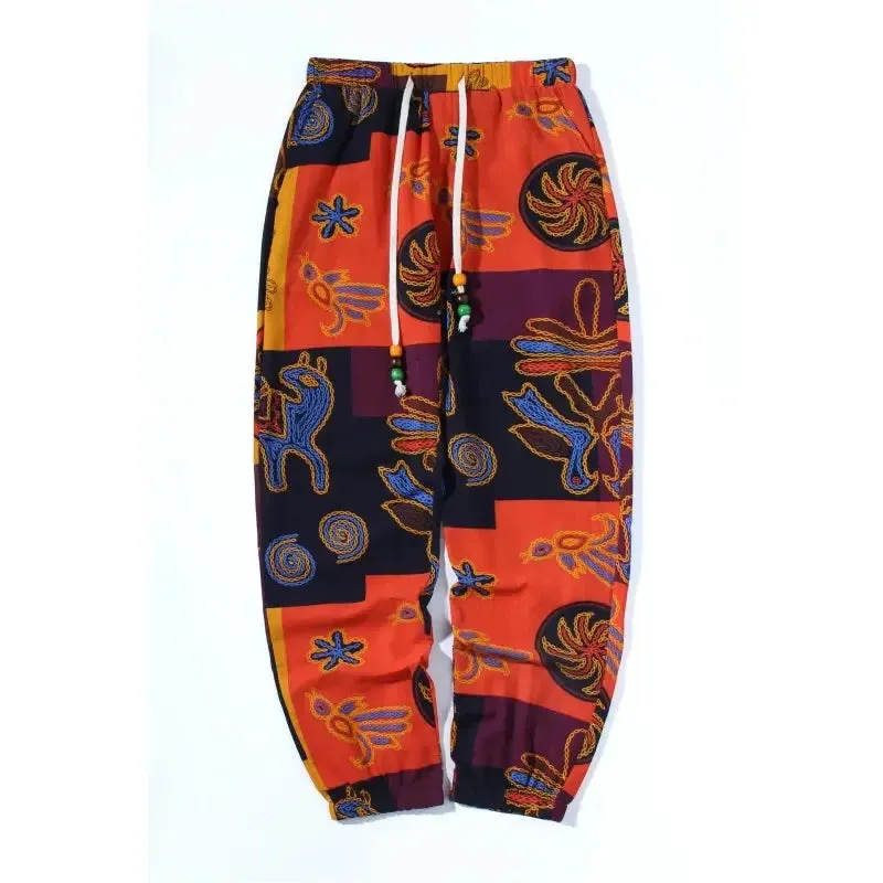 2024 New Fashion Summer Spring Autumn Men Floral Print Joggers Male Casual Summer Pants Mens Sweatpants Linen Pants Men Trouser