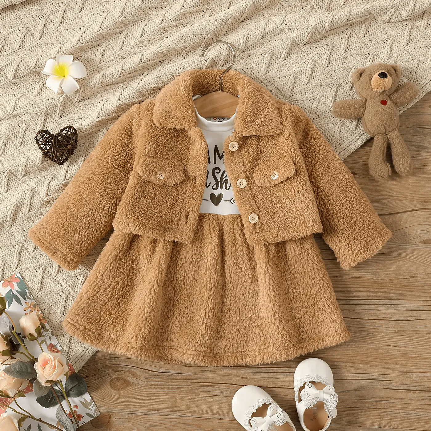 2pcs Baby Girl Thermal Fuzzy Jacket and Letter Print Long-sleeve Spliced Dress Set