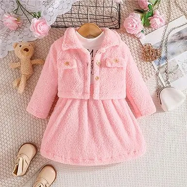 2pcs Baby Girl Thermal Fuzzy Jacket and Letter Print Long-sleeve Spliced Dress Set