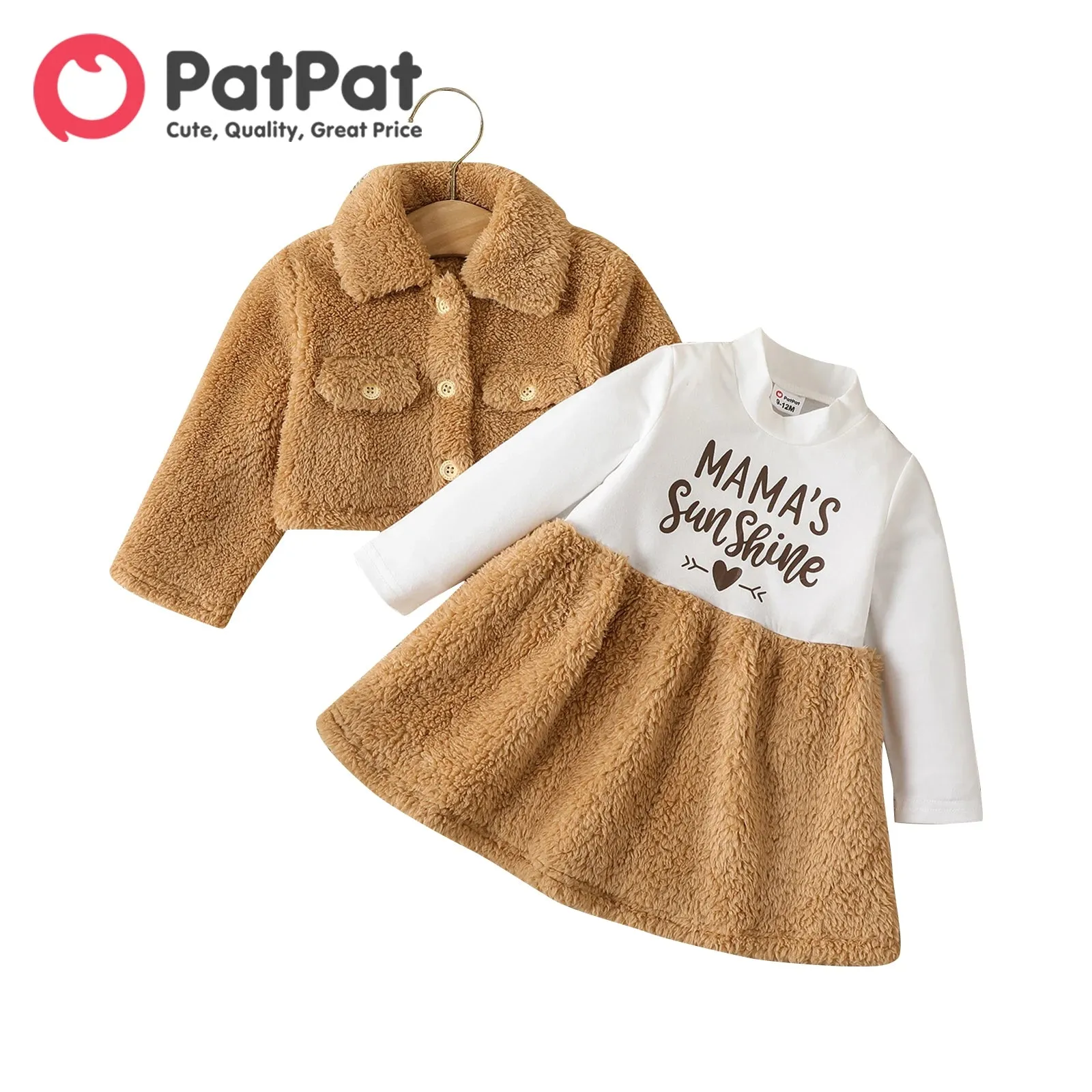 2pcs Baby Girl Thermal Fuzzy Jacket and Letter Print Long-sleeve Spliced Dress Set