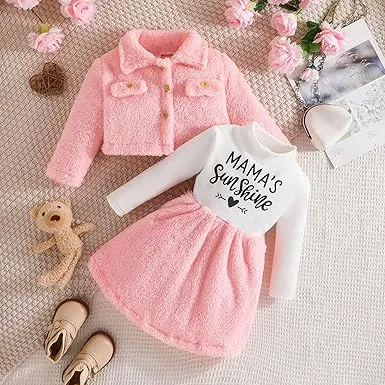 2pcs Baby Girl Thermal Fuzzy Jacket and Letter Print Long-sleeve Spliced Dress Set