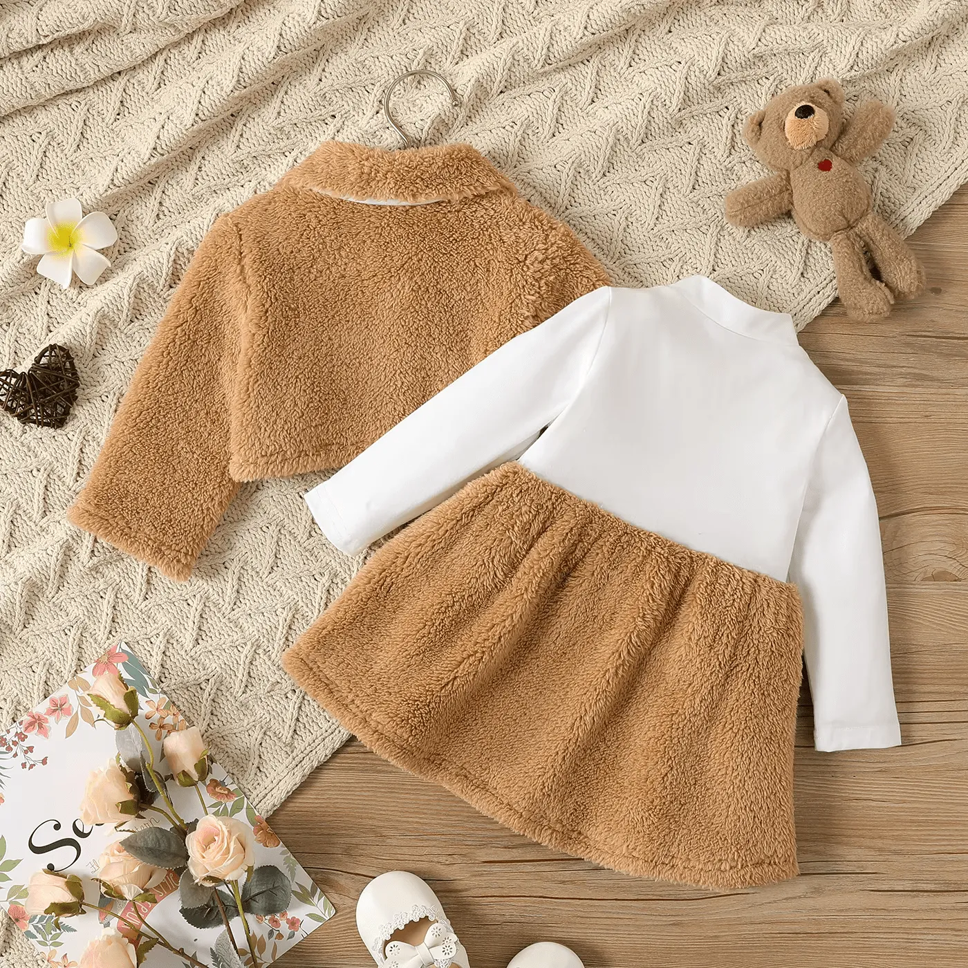 2pcs Baby Girl Thermal Fuzzy Jacket and Letter Print Long-sleeve Spliced Dress Set