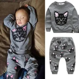 2pcs Cats Printed Girl Boy Clothing Set