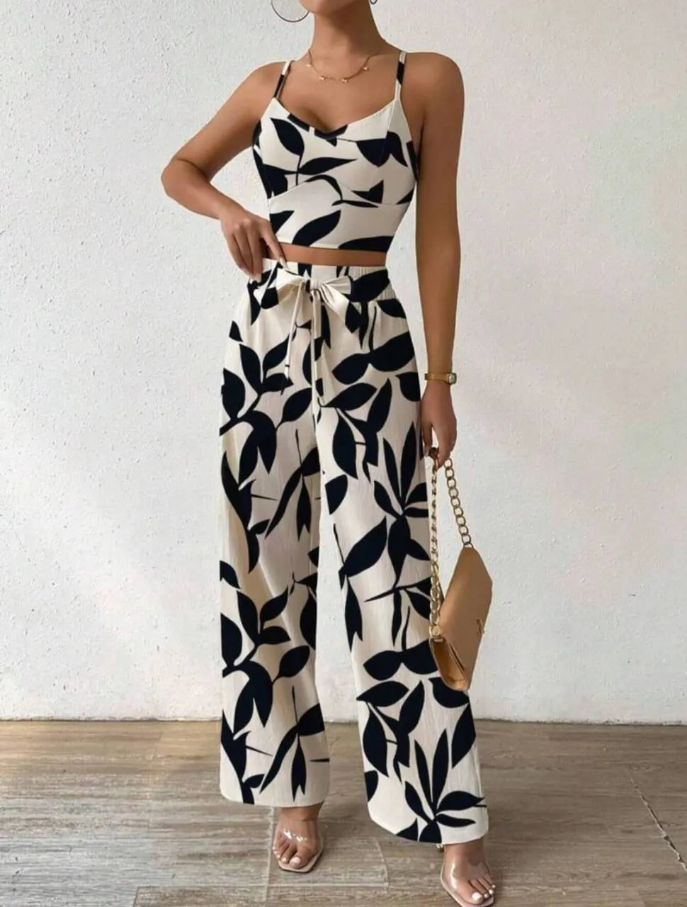 2pcs Spaghetti Top & Wide Leg Pants Set