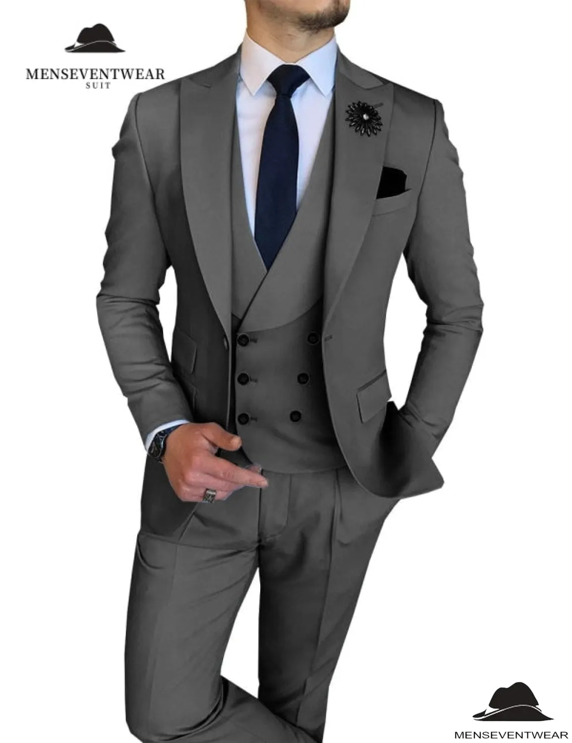 3 Piece Mens Suit Slim Fit Vest Solid Peak lapel Suit (Blazer   Vest   Pants)