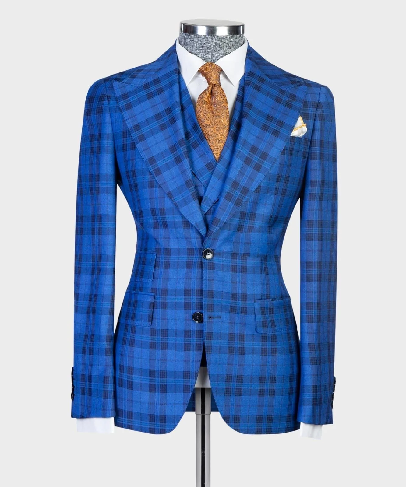 3 Pieces Blue Plaid Suit