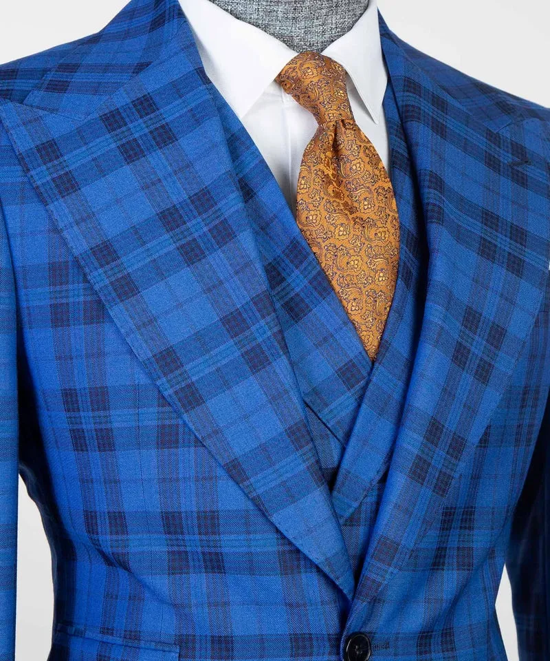 3 Pieces Blue Plaid Suit