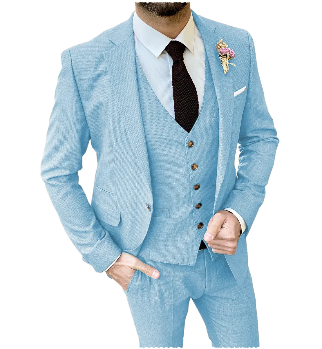 3 Pieces Mens Suit Notch Lapel Light Blue Tuxedos For Wedding (Blazer vest Pants)