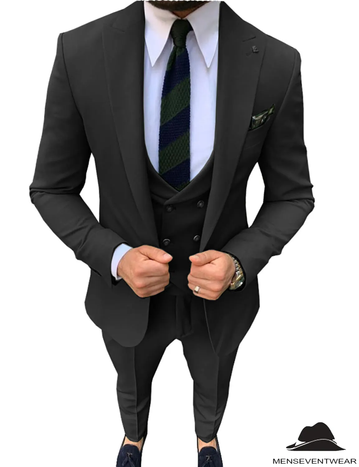 3 Pieces Mens Suit Slim Fit Solid Peak Lapel Tuxedos (Blazer vest Pants)