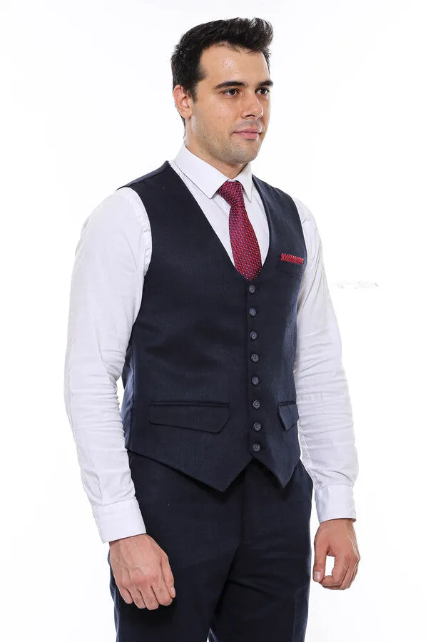 8 Buttoned Plain Navy Blue Vest - Wessi