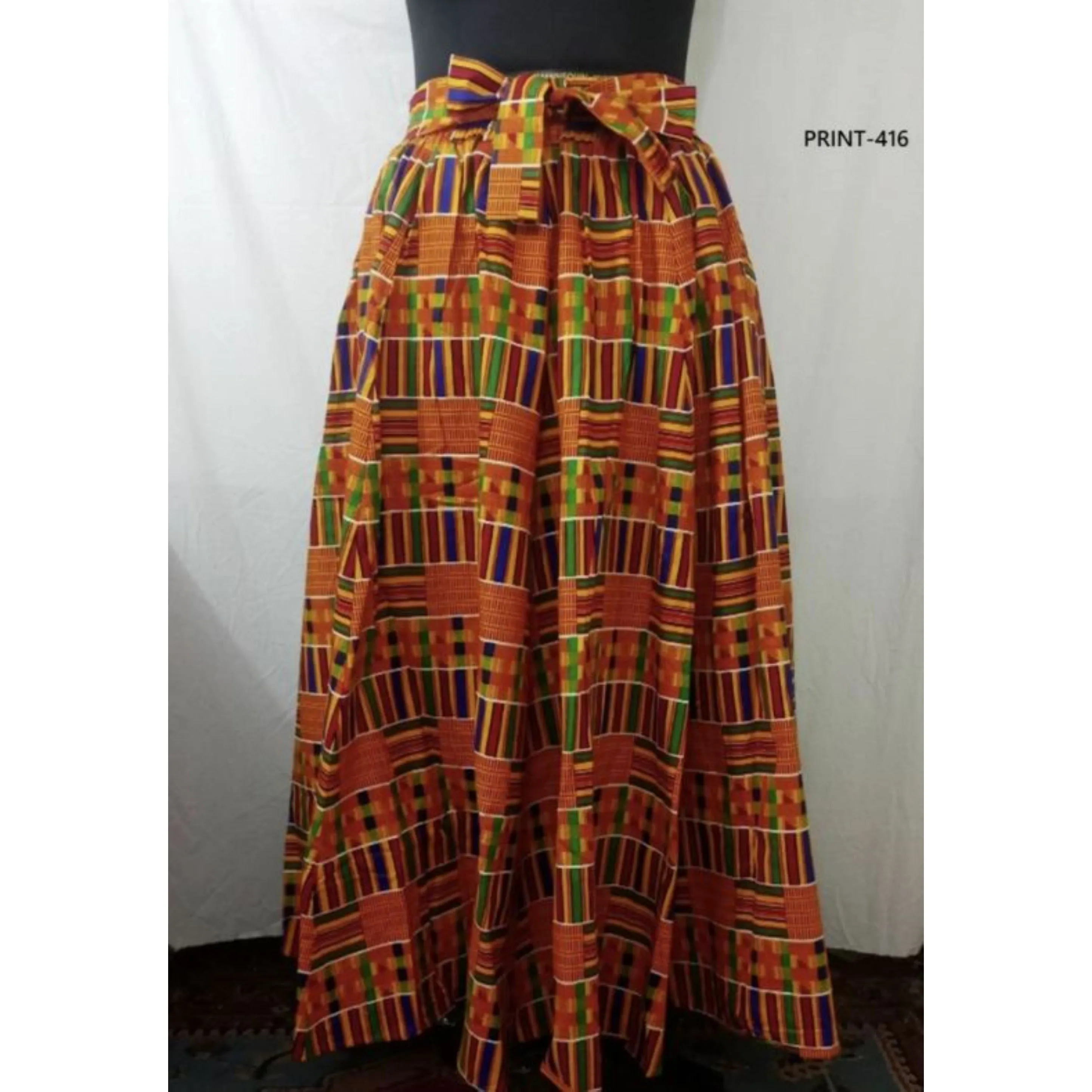 African Print Ankara Long Maxi Skirt with Headwrap - Yellow Kente