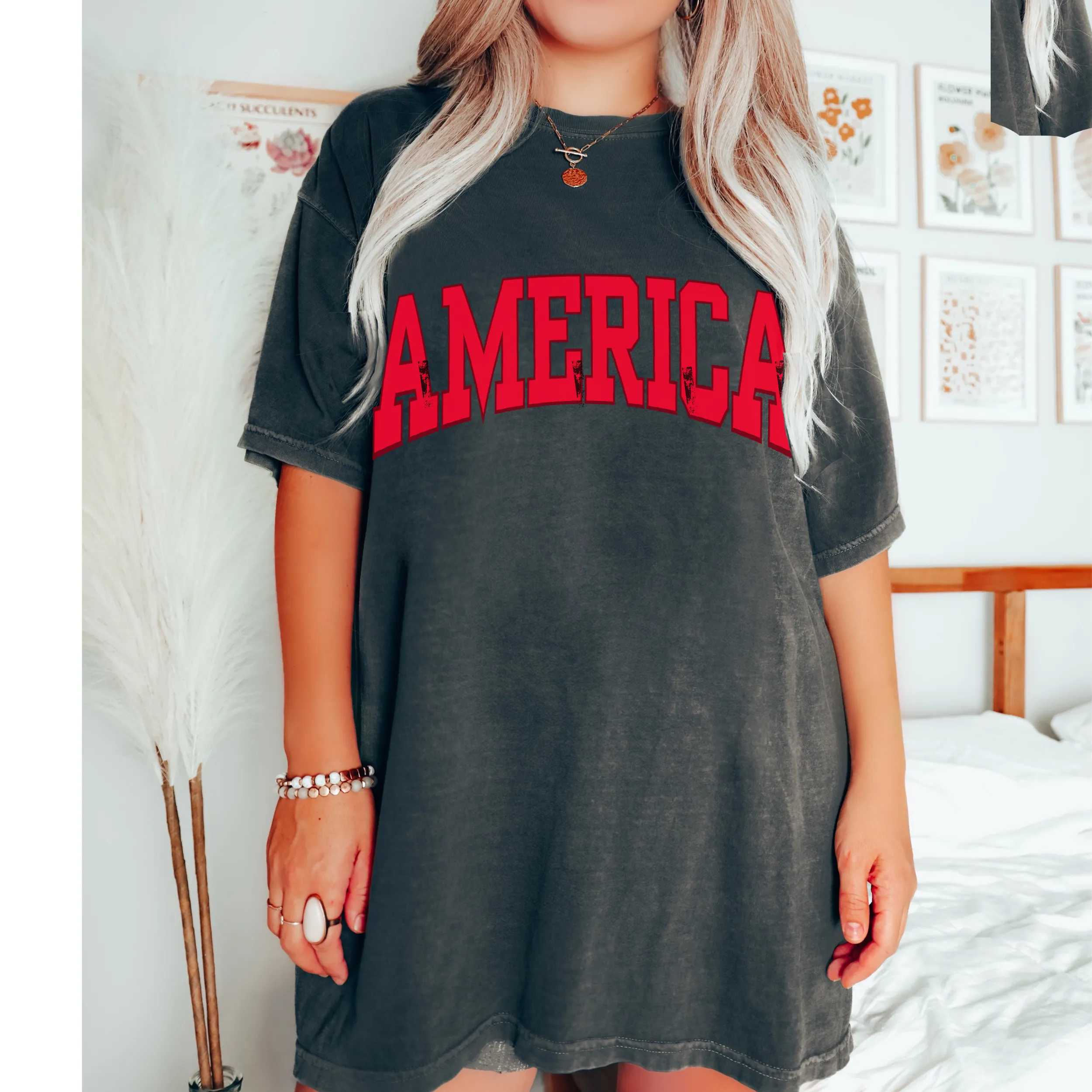 America Comfort Colors® T-Shirt, T-Shirt Dress, Retro Distressed Varsity Letters Design Tee, Oversized print