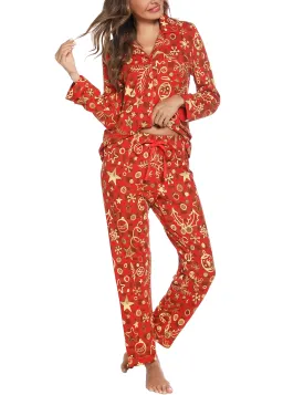 Anjue Pajama Set for Women Soft Button Down Nightwear Cotton Sleepwear Pjs Set Holiday Party Lounge Christmas Pajamas S